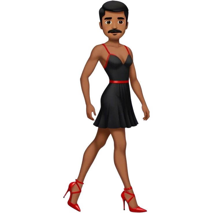 Man in a black dress and red strappy high heels with black hair and black mustache and brown skin emoji