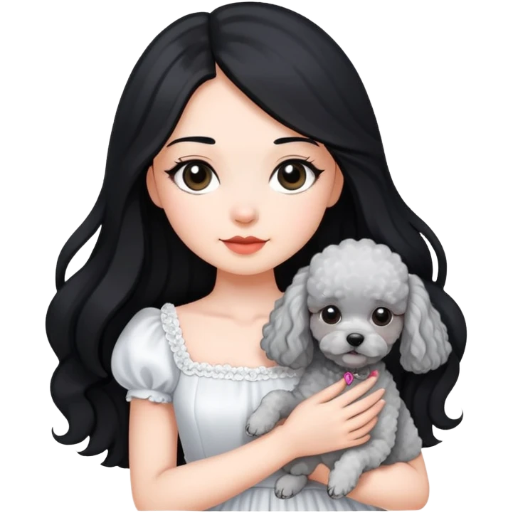 beautiful girl with long black hair in a white dress holding a small gray poodle emoji