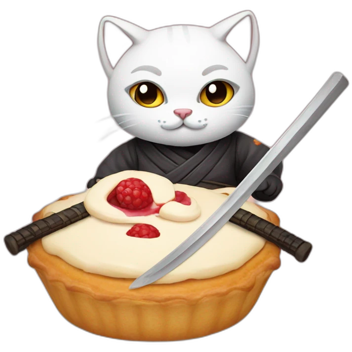 Ninja cat cuts pastry with  katana emoji