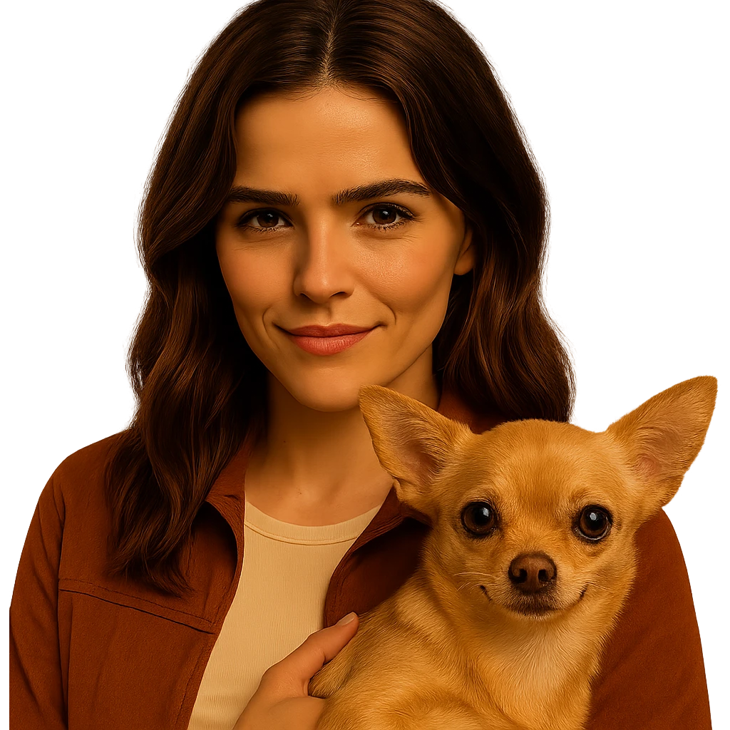 Enhance the chihuahua to be more expressive, cute, and clearly visible with silky beige-brown fur and sparkling eyes. Maintain the Netflix series style and intimate Tenerife ambiance. Transparent background. emoji