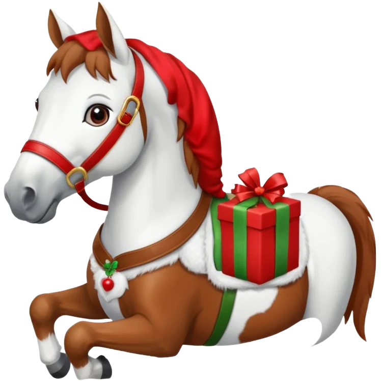 a christmas horse with a red saddle, which has a red gift box with a white bow on the saddle emoji