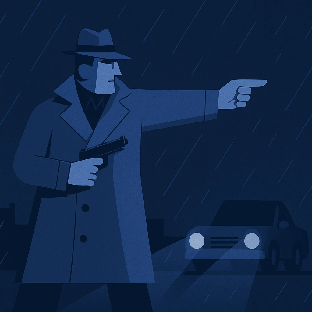 mafia man in trench coat directing car during rainy night emoji
