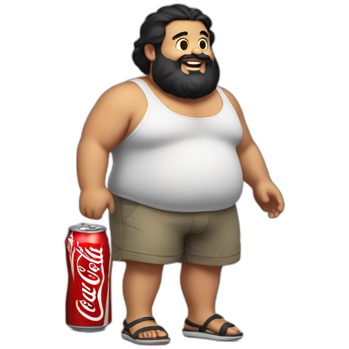 fat man in shorts and flip flops, black hair and beard holding a bottle of Coca-Cola emoji