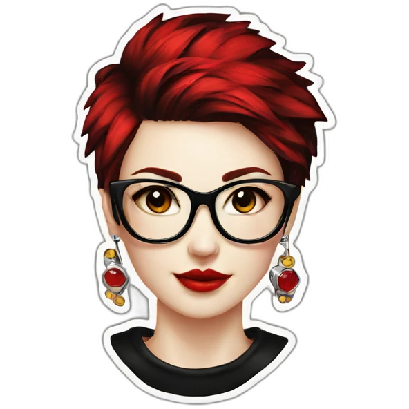 Punk female earrings glasses,red and black short hair, emoji