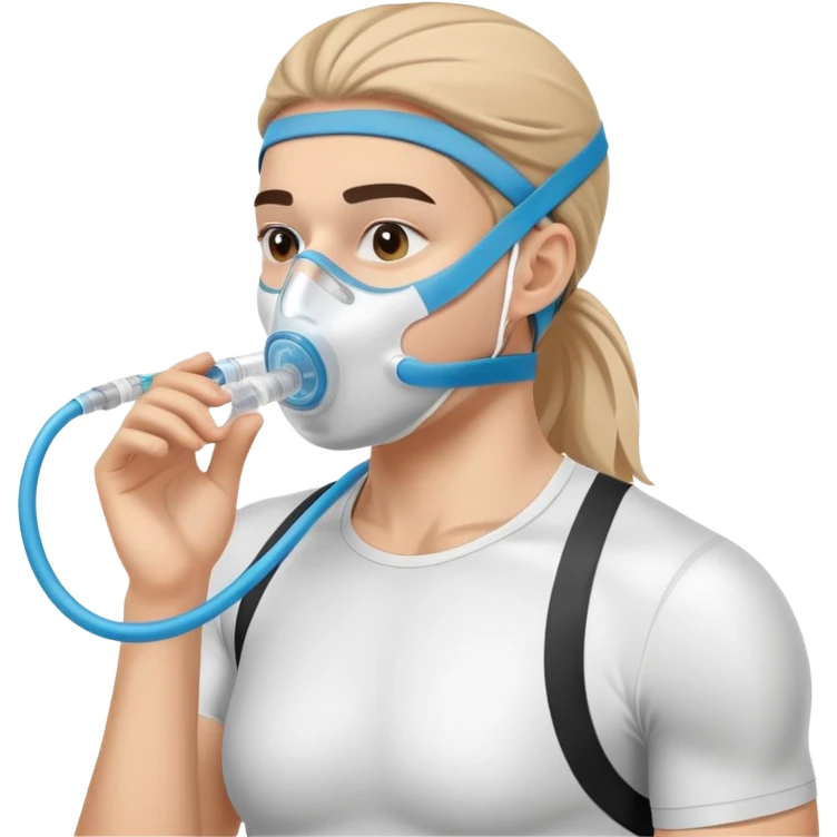 Athlete wearing VO2 max testing mask covering nose and mouth, with tubing connected to measurement equipment emoji