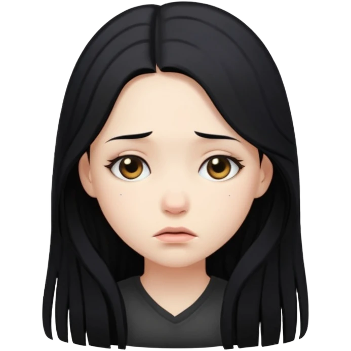pale girl with long black hair, looking down, sad emoji