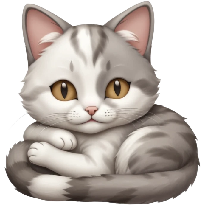 grey and white small cat with its eyes closed lying down with his paw curled under his head holding it up emoji