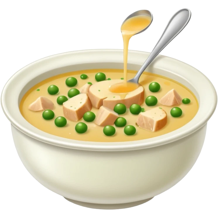 A bowl of soup made with chicken broth, peas, chives, and Parmesan cheese emoji