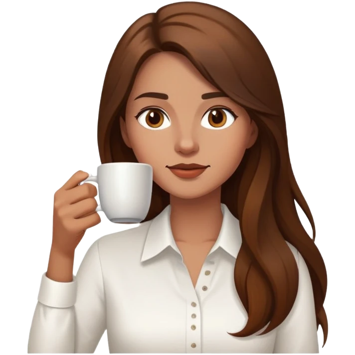 Yoga Woman white shirt long brown hair drinks coffee emoji
