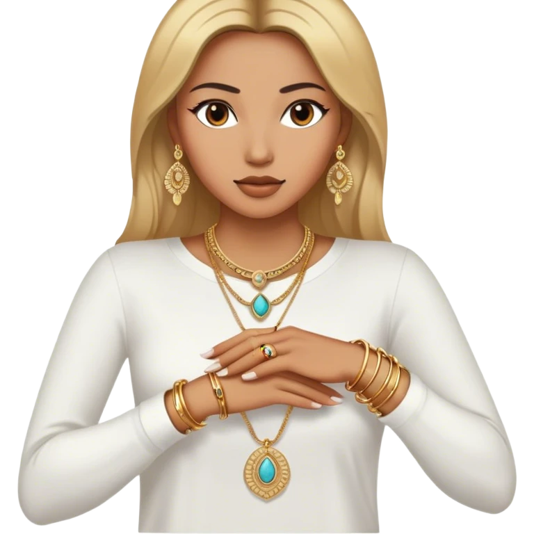 The woman, partially visible, wears a white long-sleeve top. Her accessories steal the spotlight—intricately designed gold bangles, statement rings, and layered necklaces—each piece exuding heritage and craftsmanship.  emoji