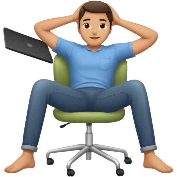 relaxed man leaning back on chair with legs on desk and hands behind head emoji