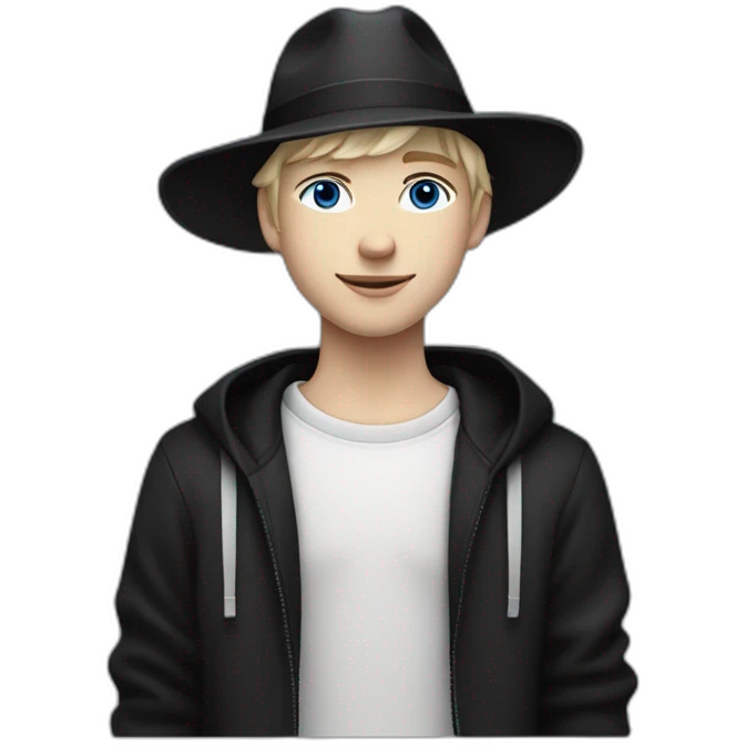Smirking neutral white teenager, blue eyes, with short blond hair wearing a black fedora hat, and a black adidas long sleeve sweater emoji