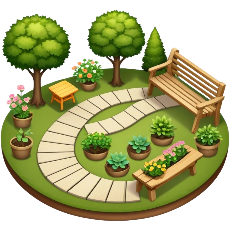 Icon for Landscape Design: a garden layout with trees, plants, pathways, and outdoor furniture, along with design tools like a ruler, pencil and sketchpad. The icon should represent the creativity and planning behind landscape design. Transparent background. emoji