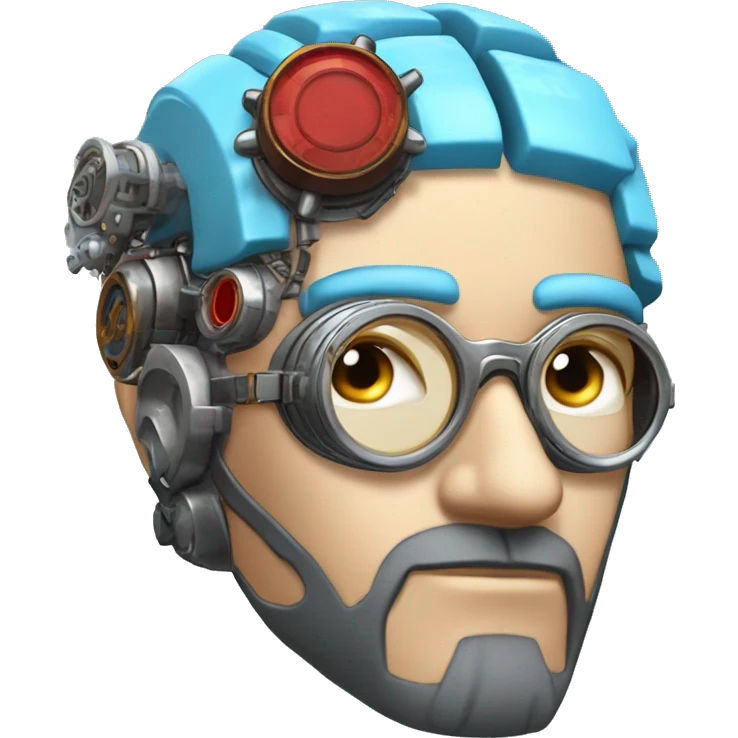  Short light blue haired male cyborg head with light blue beard, red steampunk goggles and circuits emoji
