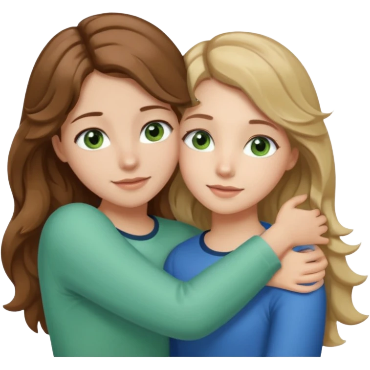 make me and my best friend togheter i have shoulder-lenght brown hair and light brown eyes and she has really long wavy hair blonde/brown hair and green/blue eyes we are hugging or taking a selfie  emoji