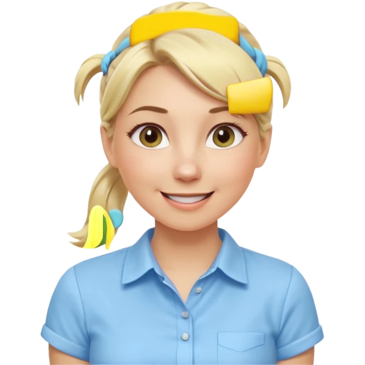 A playful blonde female mature realistic character with wide, mischievous eyes, smiling, ponytail, dynamic pose suggesting movement, pastel colors, minimalistic and cute emoji style. emoji