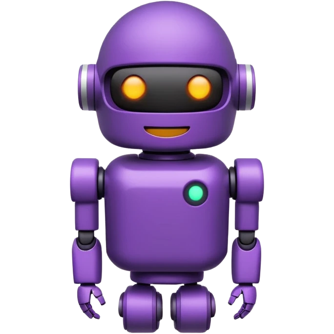 Cute deep purple robot emoji, pill-shaped body, dark visor with glowing white simple eyes and smile. Flat 2D vector art, die-cut sticker with white border, minimalist, white background. emoji