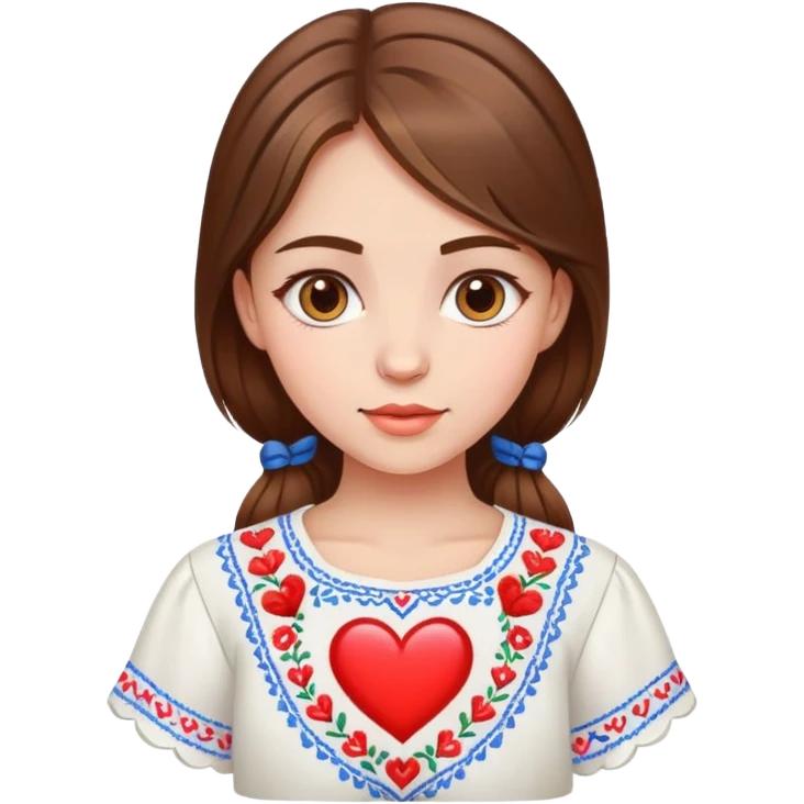 beautiful young girl with brown hair wearing a white Ukrainian embroidered shirt with a big heart design emoji