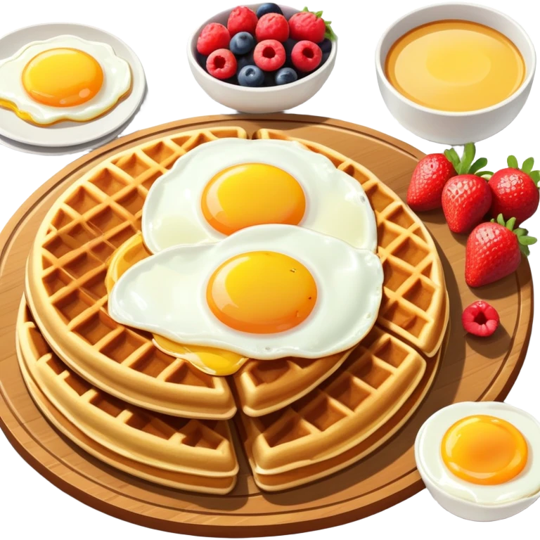 Brunch spread with waffles, eggs, and fruit on a table emoji