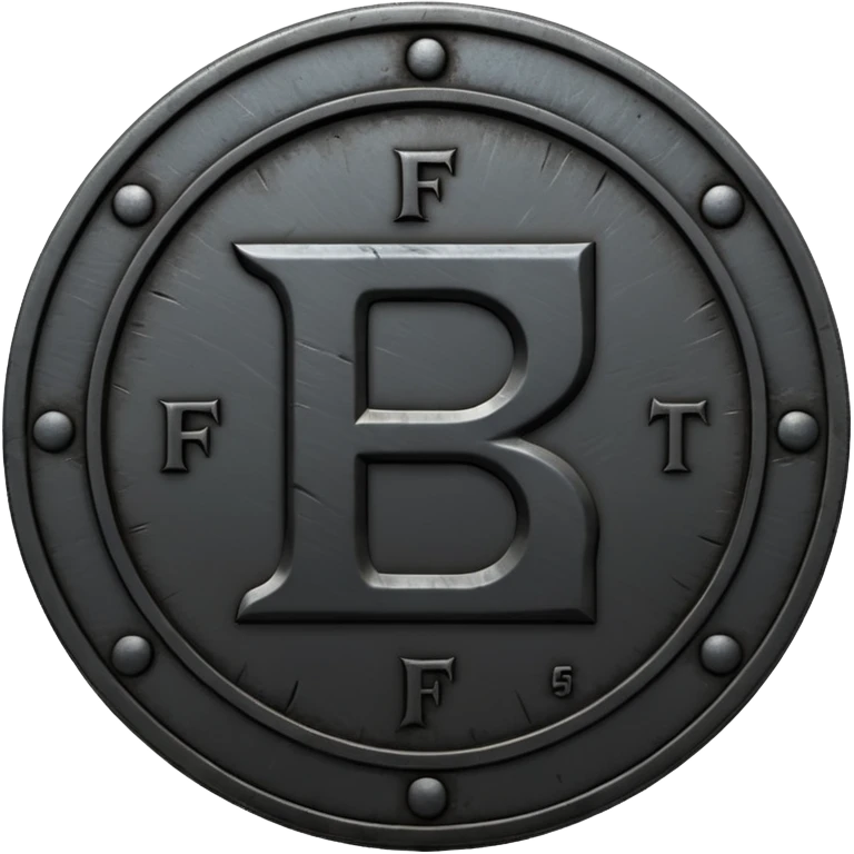 Minimal emoji, gothic metal coin made of black steel, engraved number f at the center, ancient industrial aesthetic, worn metal texture, no glow, no neon, flat emoji design, centered, transparent background emoji