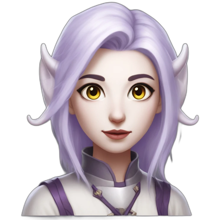 tiefling priest girl with pure white skin, pale lilac hair, light grey horns, glowing lilac colored eyes emoji
