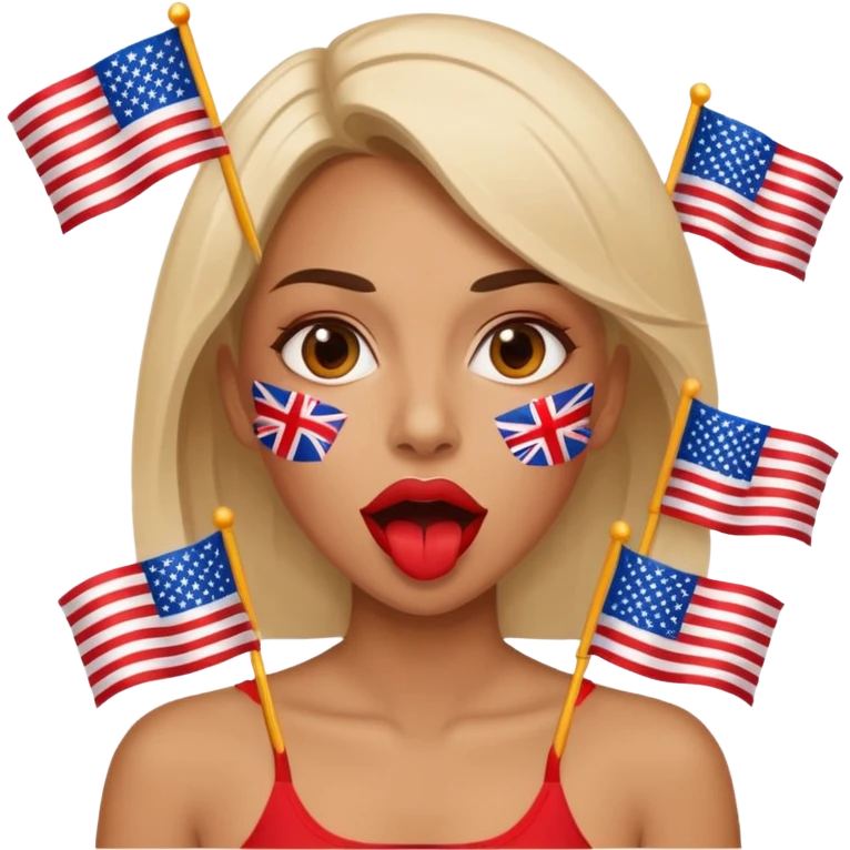a woman is talking and the English and American flags are coming out emoji