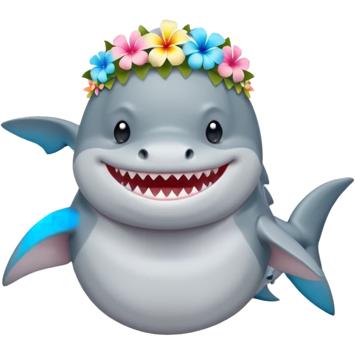 A cute chubby shark with hawaii pastel flower necklace and hawaiian flower crown, posing proudly. emoji