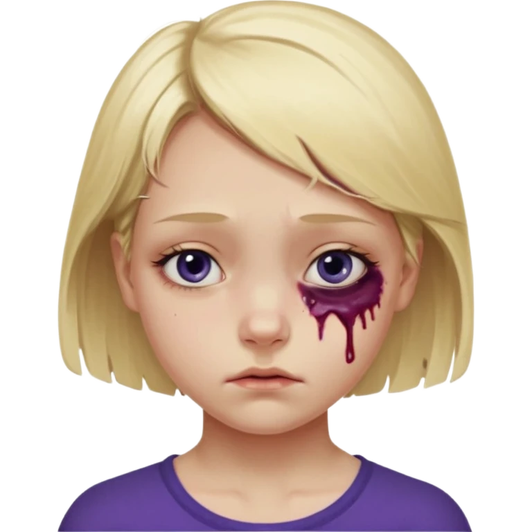 Blonde girl emoji, head and slight shoulders visible, one eye clearly bruised and swollen, dark purple-blue bruise around the entire eye socket, visible puffiness under eyelid, slightly uneven eyelids due to swelling, subtle red irritation around the eye, small wince expression like she’s in pain  emoji