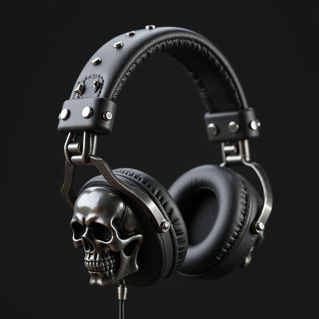 realistic black gothic headphones with sculpted skulls, leather texture, and silver studs, photorealistic style emoji