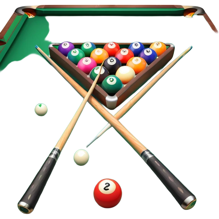 Two crossed pool cues resting on a billiard table, with colorful billiard balls scattered across the surface. The background features the felt of the table, creating an inviting atmosphere for a game of precision and strategy emoji
