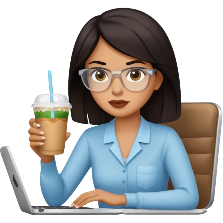 컴퓨터 작업 중 + 아이스 아메리카노(테이크아웃 잔)링거 + 다크서클 + 검은머리 여성 emoji