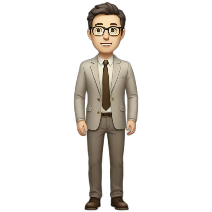 Full height Gesticulating Pale skinned fit man with dark brown hair in gray jacket, beige office shirt, brown tie, brown pants and vintage glasses. emoji