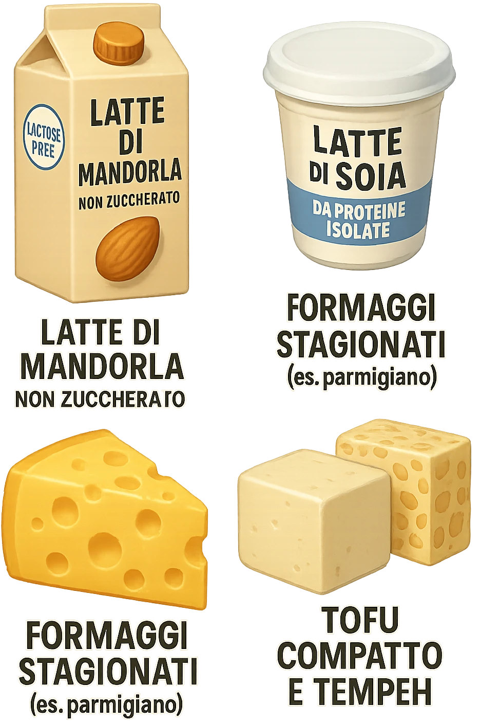 emoji stile iphone 3d di Latte e yogurt delattosati in italiano
Latte di mandorla (non zuccherato)
Latte di soia da proteine isolate
Formaggi stagionati (es. parmigiano)
Tofu compatto e tempeh
 che fluttuano in aria, iperealistico 4k emoji