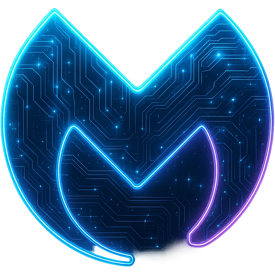Transform the Malwarebytes logo into a cyberpunk, holographic style with glowing neon blue and pink edges, circuit patterns throughout the entire icon, and a transparent background. Maintain the recognizable Malwarebytes M shape and blue color, overlaying neon and circuit effects in the same futuristic, clean style as previous cyberpunk icons. The whole icon should have a consistent cyberpunk glow and intricate circuit details in a sleek, futuristic manner. emoji