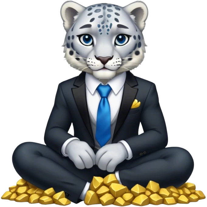 muscular snow leopard in black suit with blue tie sitting on pile of gold nuggets emoji