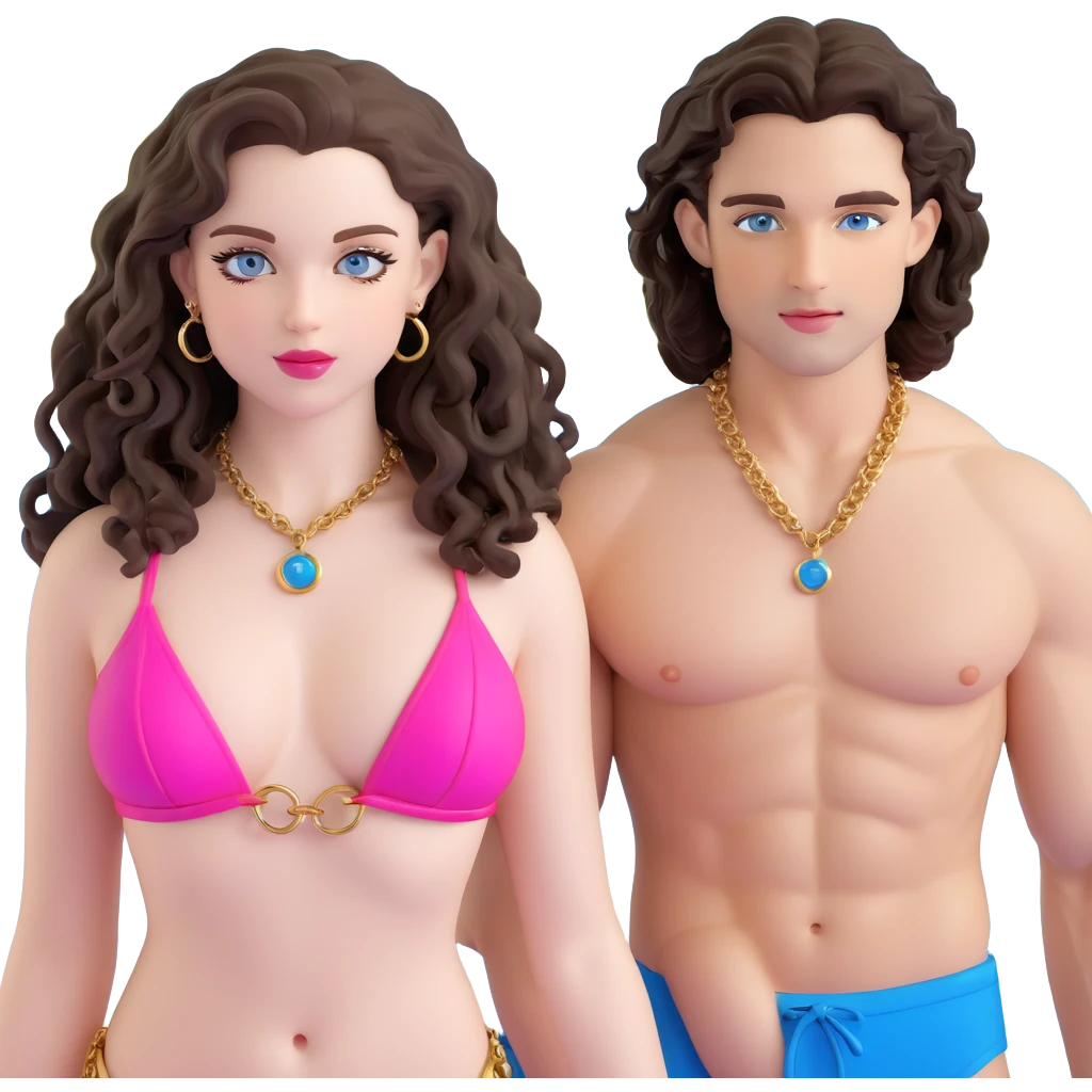attractive couple on sunny beach, ocean background, curvier woman with fuller figure, big blue-grey eyes, long lashes, pale skin, pink lips, long voluminous dark brown curls, gold hoop earrings, tiny string bikini on her plumper body, next to handsome man with intense blue-grey eyes, chiseled features, pale skin, confident smirk, dark brown styled hair, gold chain, minimalist swimwear, both lounging on sand emoji