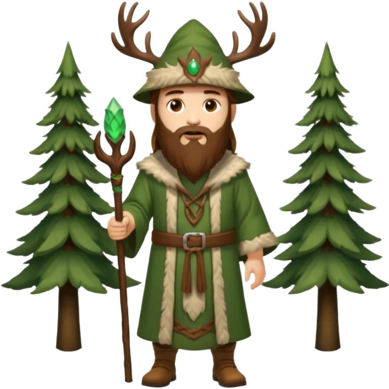 full body man long brown hair brown eyes medium beard white skin wearing stag hat and forest druid robes open chest emoji