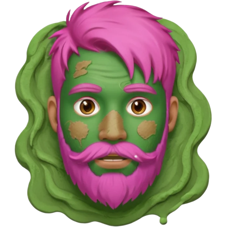 pink haired man with full full face dirty messy green clay mask and beard emoji