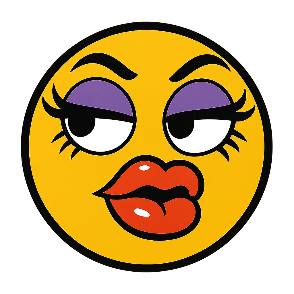 sassy yellow emoji face with long curled eyelashes, thick glossy lips, smirking expression, dramatic eyeshadow, side-eye look, bratty attitude, vibrant toon style emoji