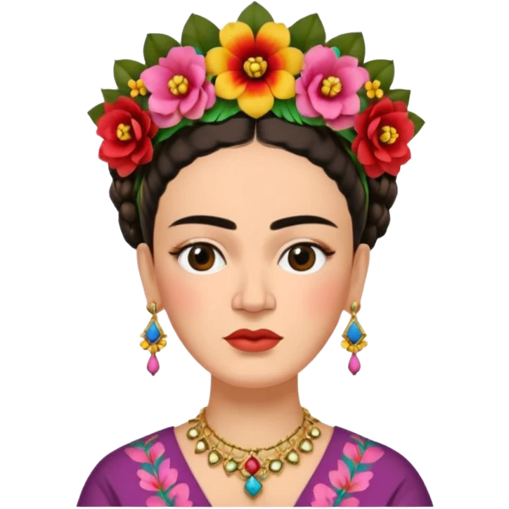 Frida Kahlo with bold eyebrows, earrings, and floral crown emoji