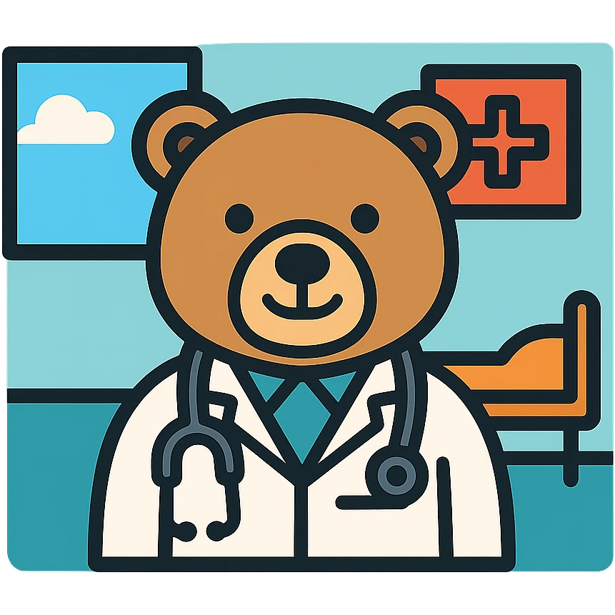 bear dressed as a doctor, stethoscope, friendly expression, in a hospital setting, color outline icon style emoji