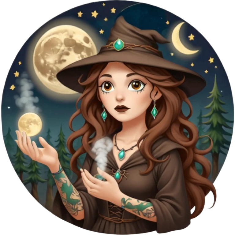 forest witch woman long wavy brown hair tattoos blowing moon dust emoji