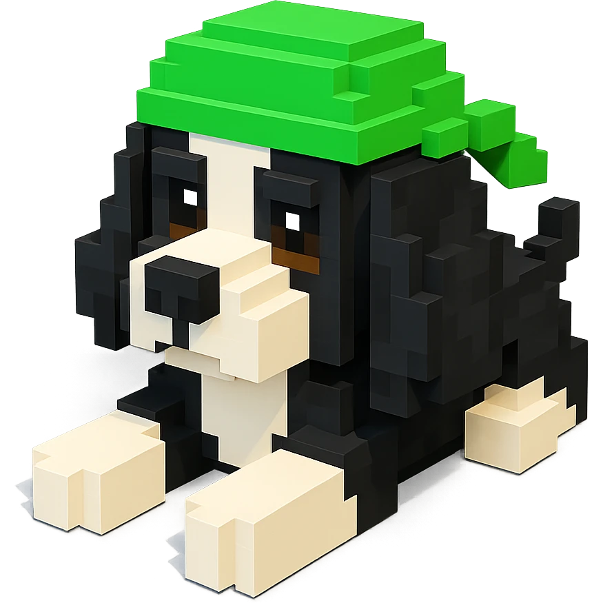 A black and white Russian Cocker Spaniel puppy wearing a green durag, voxel style, lying down emoji