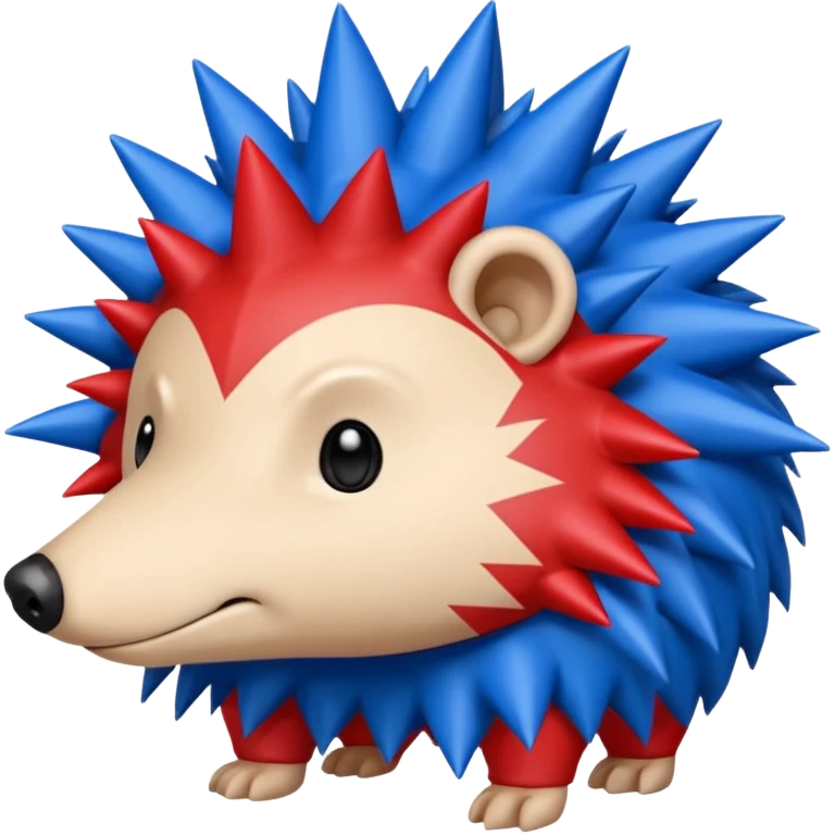 Red and blue Porcupine facing right. Bottom layer red: covers feet, round face with no facial features and 2 spikes. blue upper layer 6 spikes, 3 white 5 pointed stars in the middle of the blue. emoji