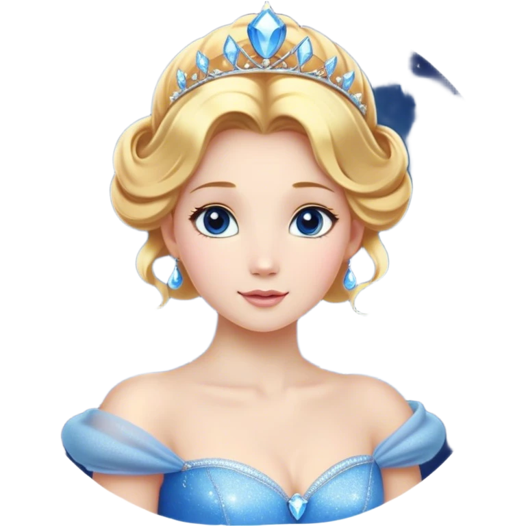 Cinematic Stunning Cinderella Portrait Emoji, Radiant in her sparkling blue ball gown, golden hair in a perfect updo, soft blue eyes full of wonder, glistening tiara, glowing with an ethereal beauty, regal yet kind, a dreamlike aura surrounds her, capturing the essence of a fairy tale princess, elegant and breathtaking! emoji