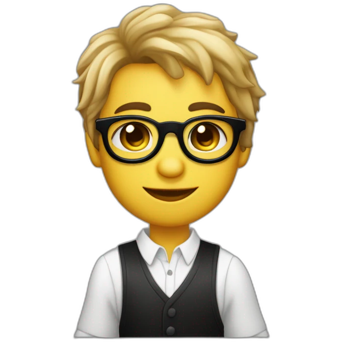 Niño de piel oscura con gafas cuadradas cabeza redonda pelo corto negro nariz grande labios grandes cejas pequeñas ojos marrones emoji