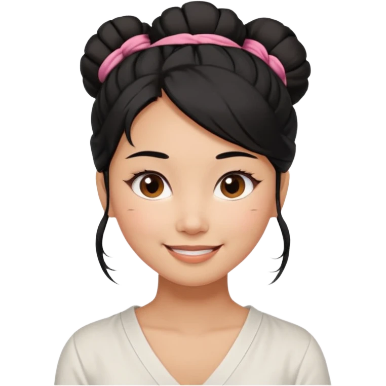 medium tan asian woman with long black hair tied in a high messy bun, round brown eyes, white v neck blouse. shes smiling and friendly. emoji
