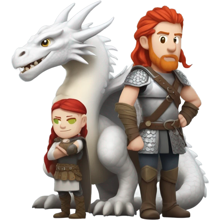  White Viking red head pale skin beautiful dragon  queen with a Viking solder with a gray man bun built white solder on a dragon  emoji