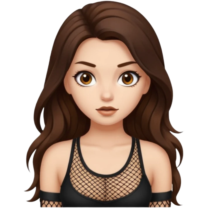 a pretty bratz fair girl with brown long hair styled well, looking like a baddie in a fishnet top and dark brown hair emoji