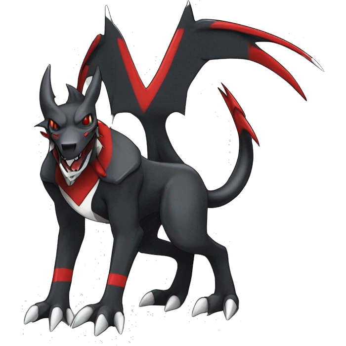 Black Cool Edgy Nargacuga-Houndoom-Garchomp Fakémon Digimon with Red and white Edgy markings, full body, outlined, sharp line Art emoji